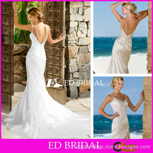 Sexy Low Back Wedding Dress Sheath Ruched V Neck Bridal Gowns with Beaded Spaghetti Straps